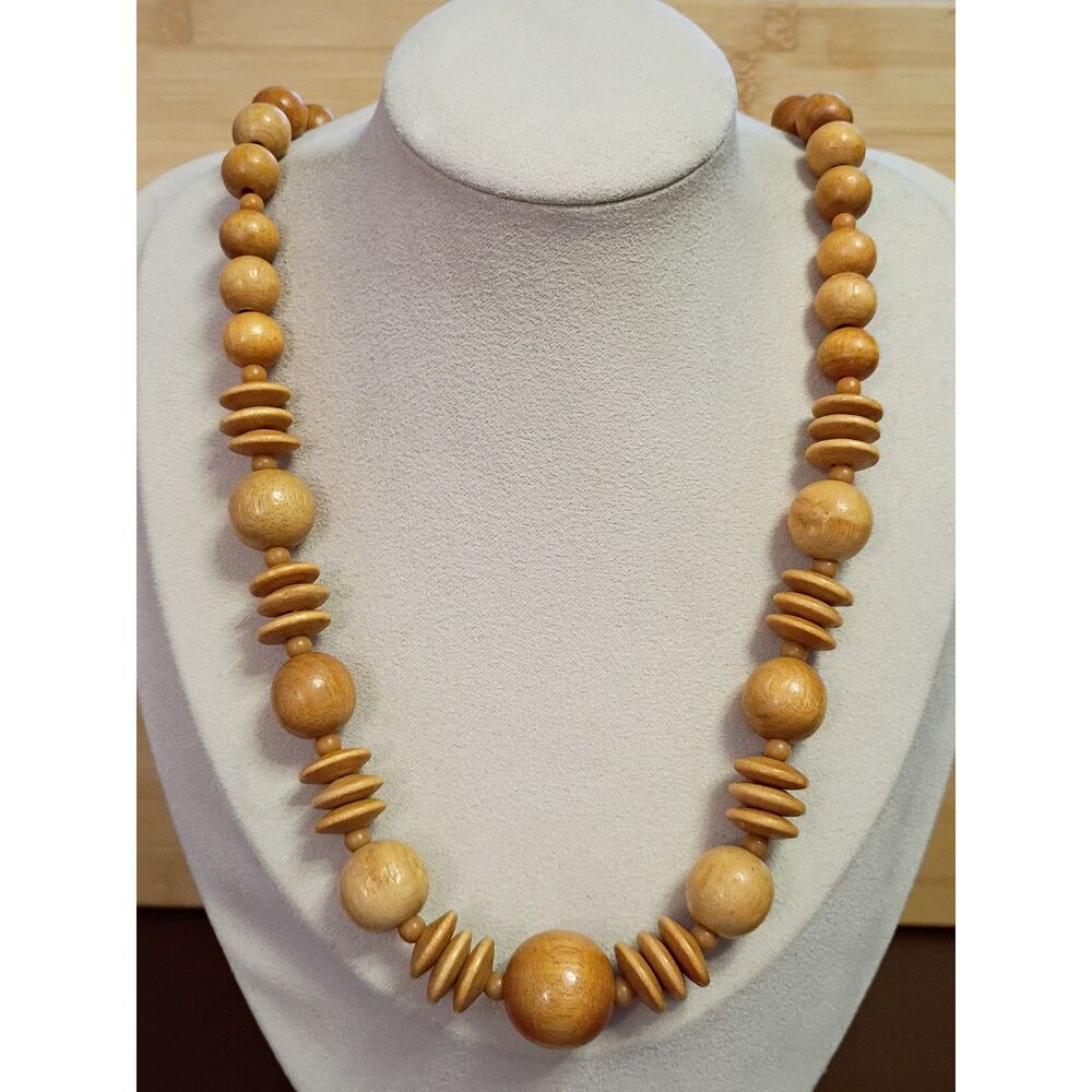 Vintage Wooden Variety Bead Necklace Lightweight in Graduated Sizes Summer Vibes